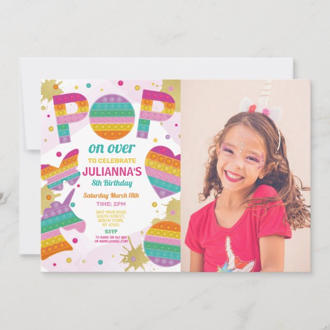 Pop it Party Fidget Birthday Pink Gold Photo Invitation (Front)
