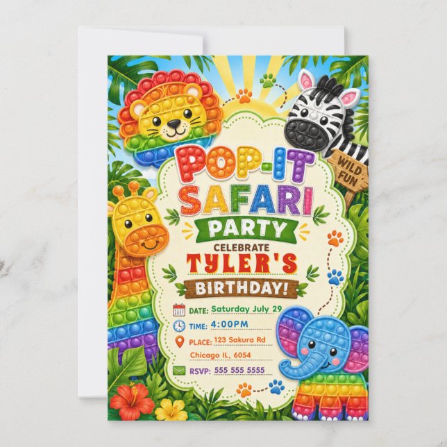 Pop It Safari Birthday Party Invitation (Front)