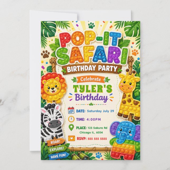 Pop It Safari Birthday Party Invitation (Front)