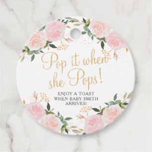 Pop it when She Pops Gold Pink Floral Baby Shower Favour Tags