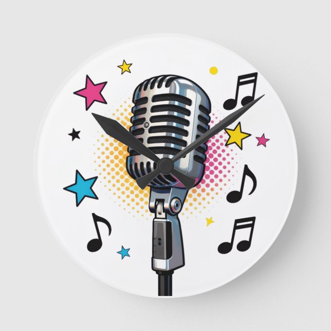 Pop microphone with colourful stars and music note round clock (Front)