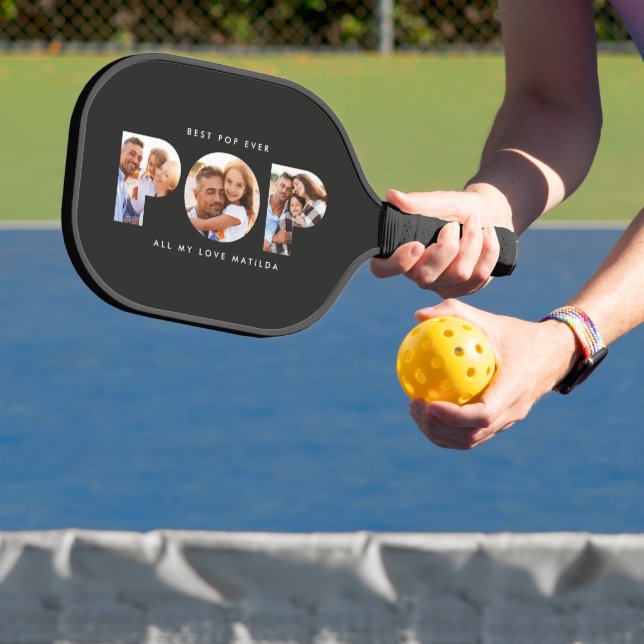 Pop multi photo modern typography black gift pickleball paddle (Insitu)