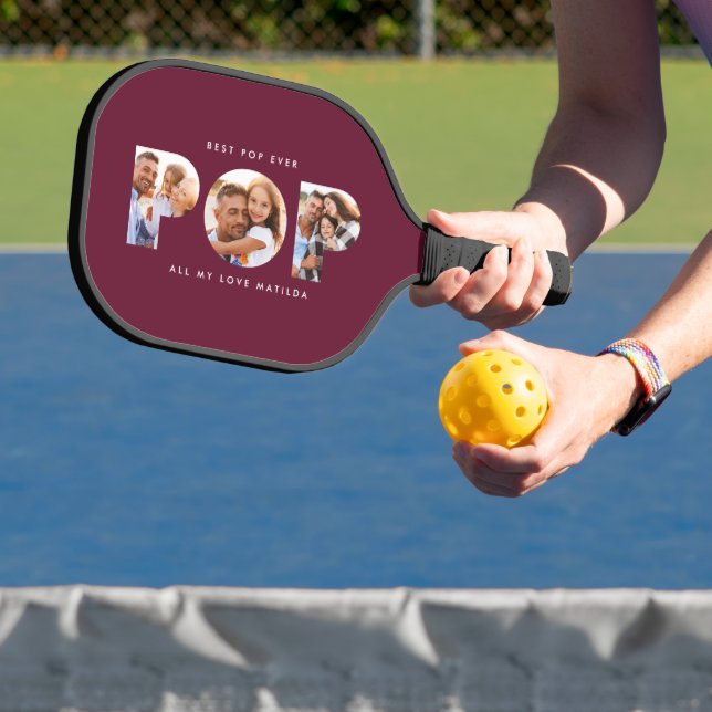 Pop multi photo modern typography burgundy gift pickleball paddle (Insitu)