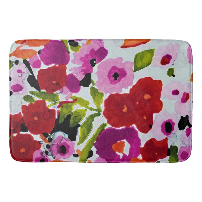Pop of Bold Colour Inky Watercolor Flowers  Bath Mat (Front)