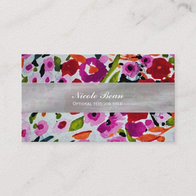 Pop of Bold Colour Inky Watercolor Flowers Business Card (Front)