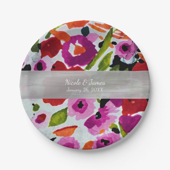 Pop of Bold Colour Inky Watercolor Flowers Paper Plate (Front)