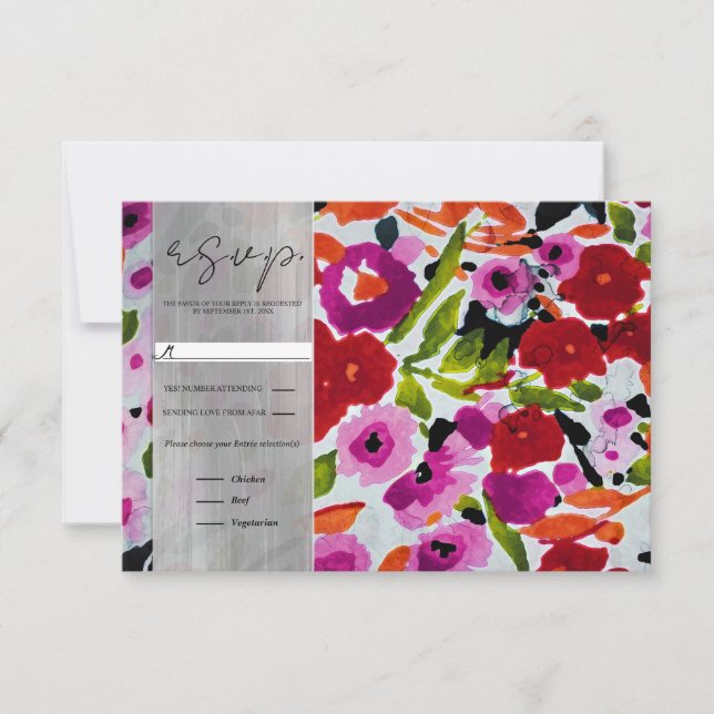 Pop of Bold Colour Inky Watercolor Flowers RSVP Card (Front)