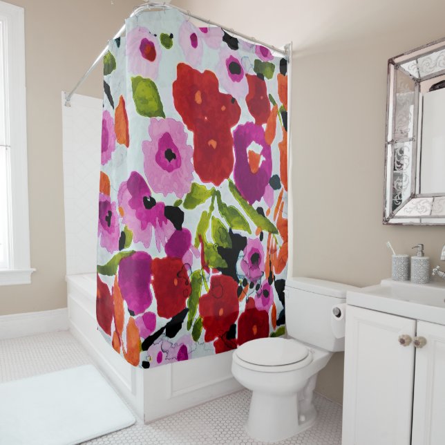 Pop of Bold Colour Inky Watercolor Flowers  Shower Curtain (In Situ)