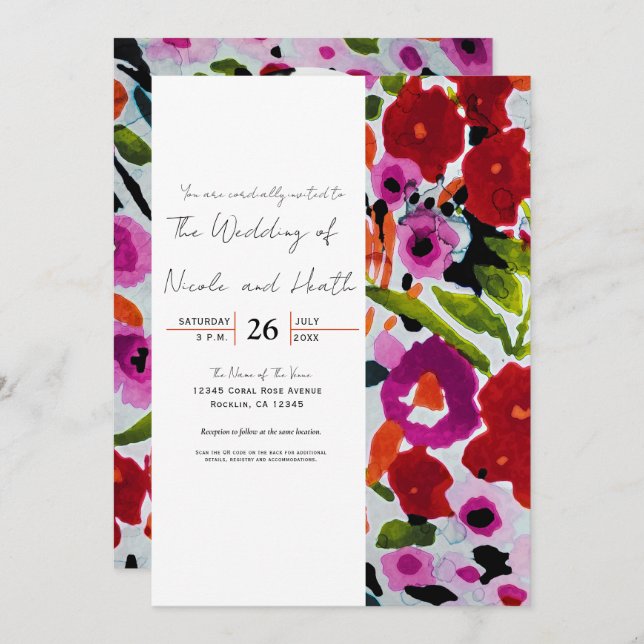 Pop of Bold Colour Inky Watercolor Flowers Wedding Invitation (Front/Back)