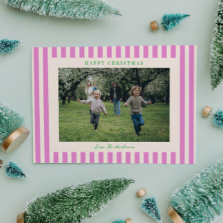 Pop of Pink Stripe One Photo Christmas Holiday Card