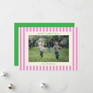 Pop of Pink Stripe One Photo Christmas Holiday Card