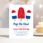 Pop On Over 4th of July Popsicle Birthday Invitation<br><div class="desc">Cute 4th of July birthday party invitations featuring illustrations of red, white, and blue popsicles at the top of the design. The phrase "pop on over" is displayed in a bold blue script with your child's name, age, and party details shown below. The July 4th birthday party invites reverse to...</div>