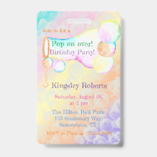 Pop On Over Bubbles Kids Birthday Party Invite  ID Badge
