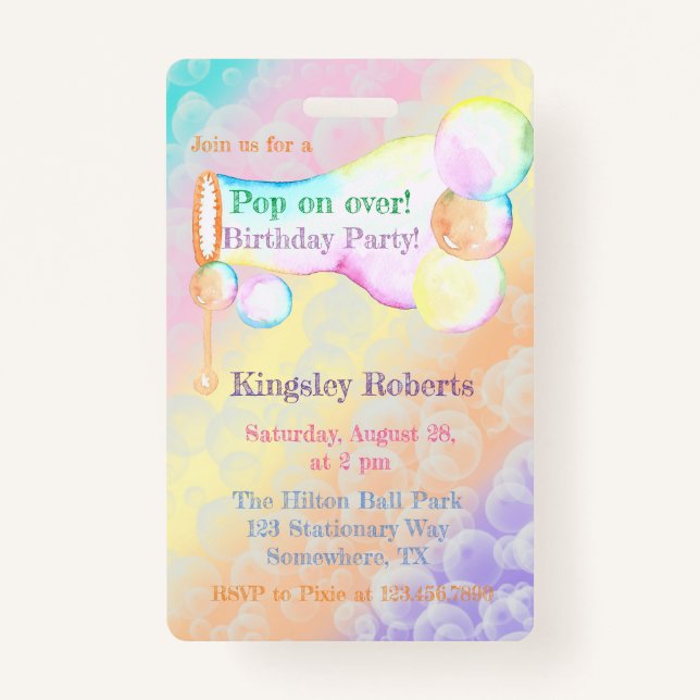 Pop On Over Bubbles Kids Birthday Party Invite  ID Badge (Front)