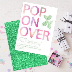 Pop On Over Green Balloon Dog Birthday Invite