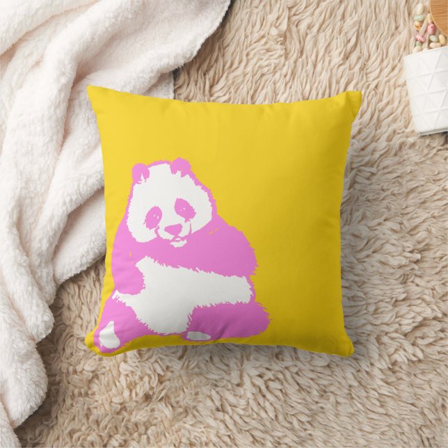 Pop Pink Panda Yellow Throw Pillow (Blanket)