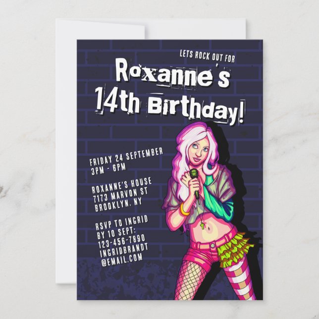 Pop Singer Cartoon Teen Girl 14th Birthday Invitation (Front)