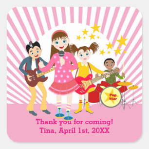 Pop star girl birthday party square sticker