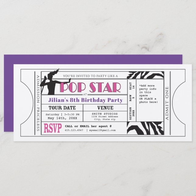 Pop Star Vintage Party Ticket Invitation (Front/Back)