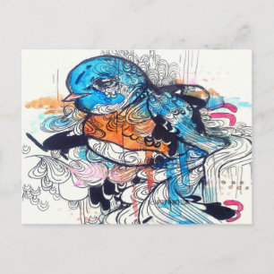 Pop surreal art kawaii blue bird animal art postcard