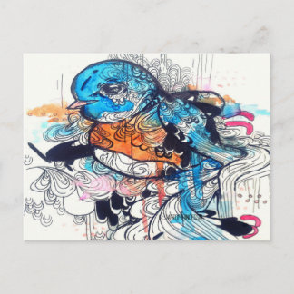 Pop surreal art kawaii blue bird animal art postcard