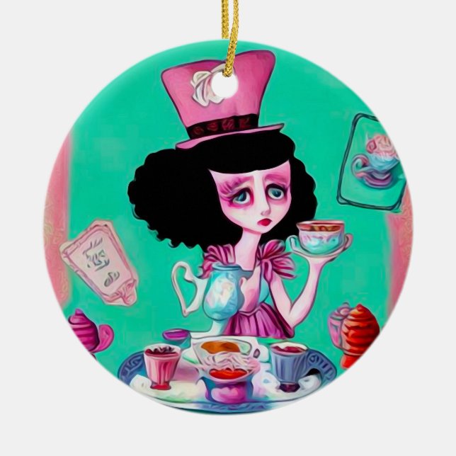 Pop Surrealism Mad Hatter Girl Ceramic Tree Decoration (Front)
