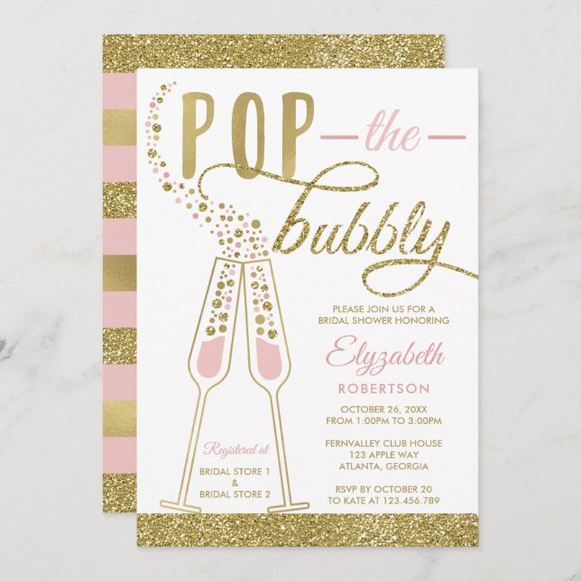 Pop The Bubbly Bridal Shower Invite, Faux Gold Invitation (Front/Back)