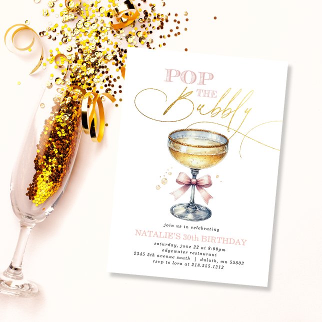 Pop the Bubbly Champagne Pink Bow Birthday Invitation (Pop the Bubbly Champagne Pink Bow Birthday Invitation)
