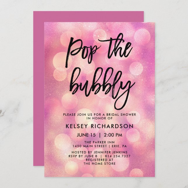 Pop the Bubbly | Pink Bokeh Look Bridal Shower Invitation (Front/Back)