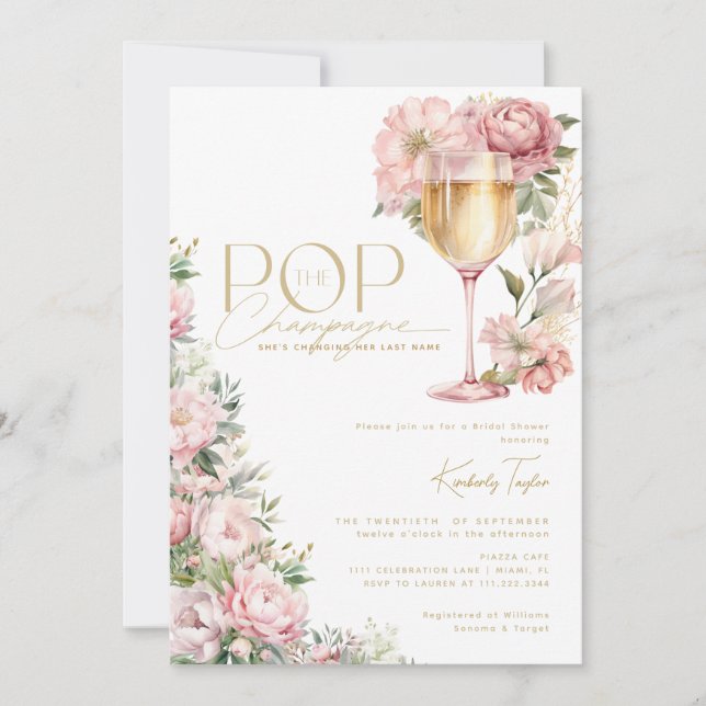 Pop The Champagne Floral Pink Bridal Shower Invitation (Front)