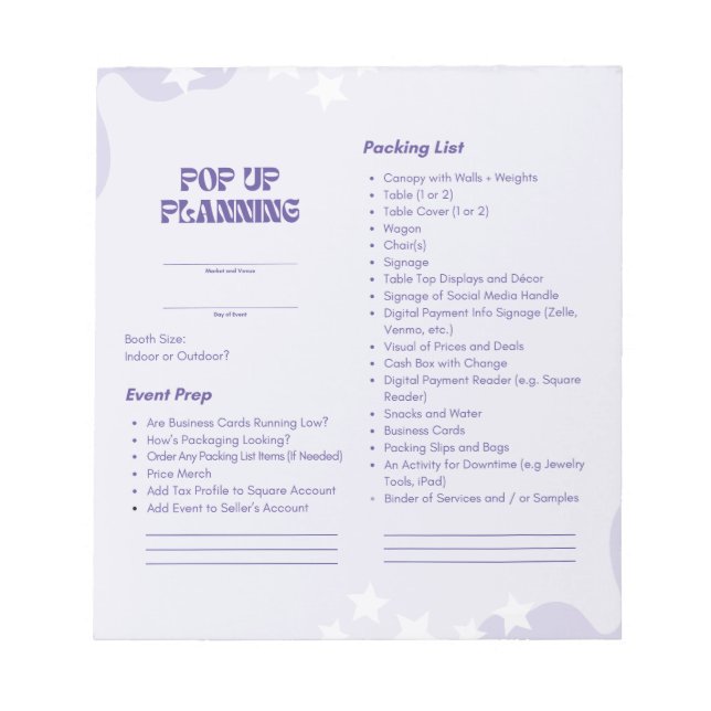 Pop Up Market Planning Pad (Front)