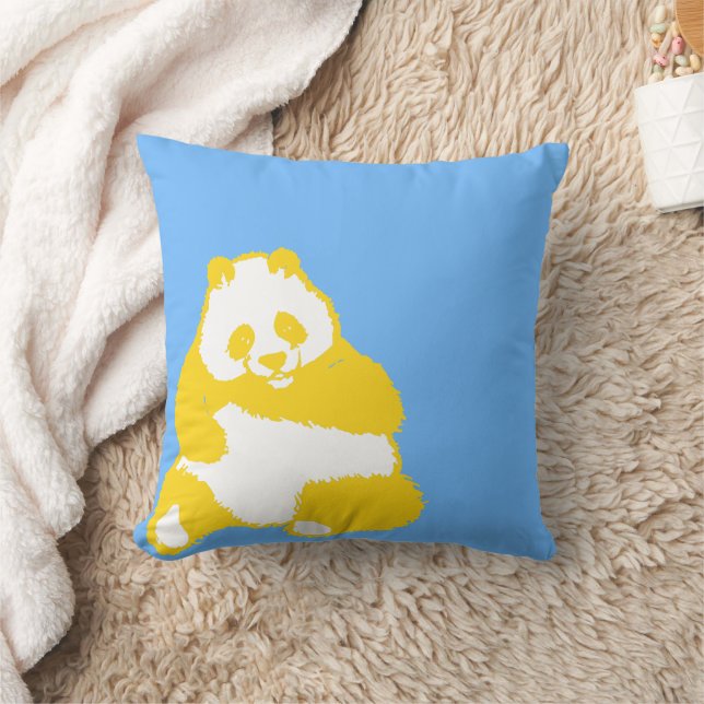 Pop Yellow Panda Sky Blue Throw Pillow (Blanket)
