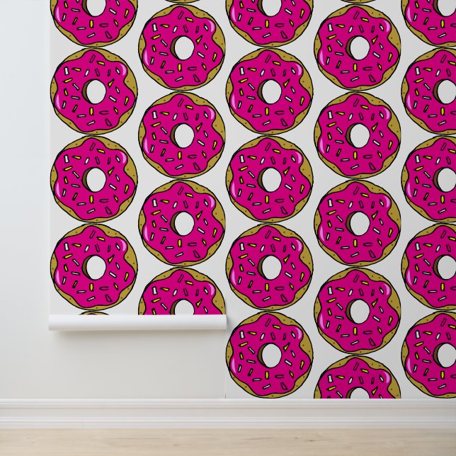 Popart Bright Pink Doughnuts Food Patterned Kitche Wallpaper (Application)
