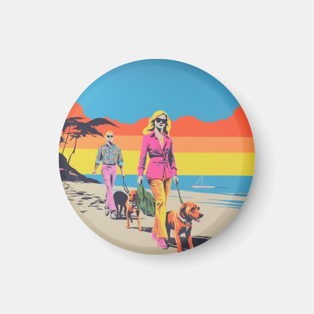 Popart style magnet, beach dog walk magnet (Front)
