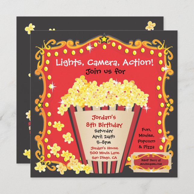 Popcorn and a Movie Birthday Party Invitation (Front/Back)