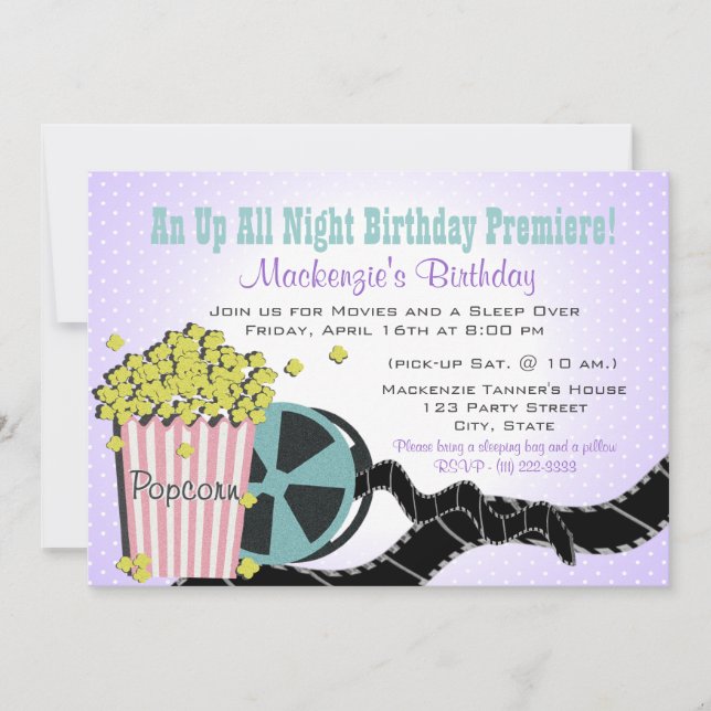 Popcorn and a Movie Sleepover Purple Invitation (Front)