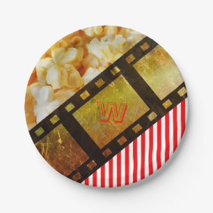 Popcorn and movie reel film gold black red white paper plate