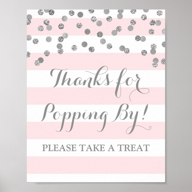 Popcorn Bar Sign Pink Stripes Silver Confetti (Front)