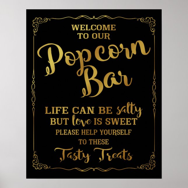 Popcorn Bar wedding sign elegant gold (Front)