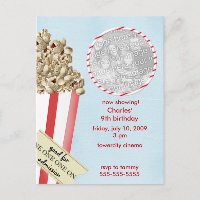 Popcorn Birthday Party Invitation Postcard (Front)