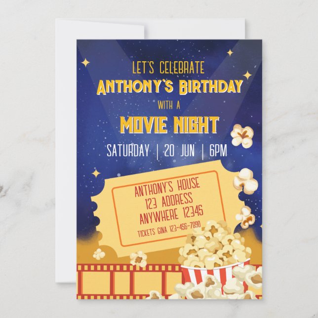 Popcorn & Movie Night Birthday Invitation (Front)