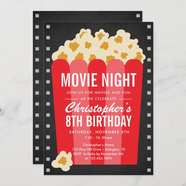 Popcorn Movie Night Birthday Party Invite (Front/Back)