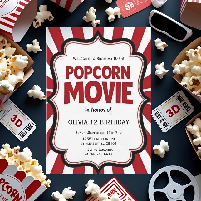 Popcorn Movie Night Birthday | Red  Theatre Party  Invitation (Creator Uploaded)