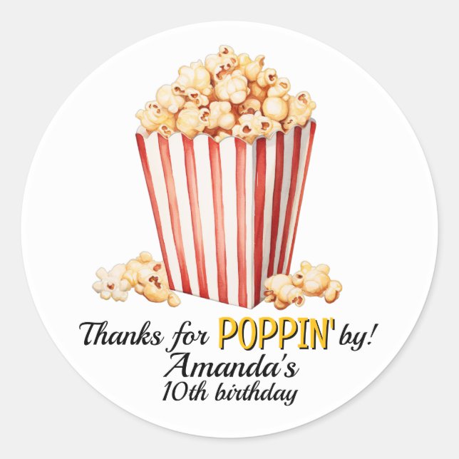 Popcorn Movie Night Birthday Stickers (Front)