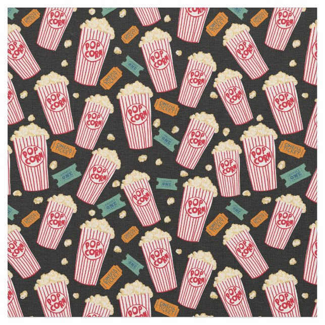 Popcorn Pattern Movie Night Theatre Fun Black Fabric (Close Up)