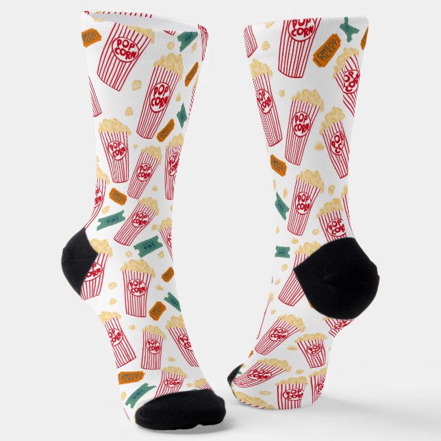 Popcorn Pattern Movie Night Theatre Fun Film White Socks (Angled)