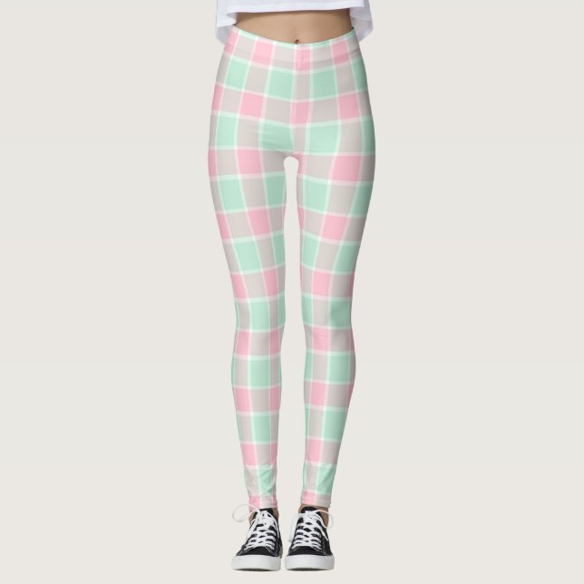 Popcorn Pink/ Mint Plaid Women's Leggings (Front)