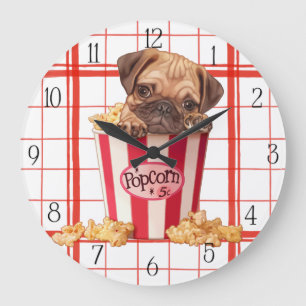 Popcorn pug puppy large clock