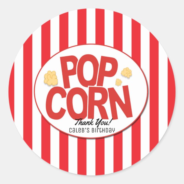 Popcorn Red & White Stripe Movie Party Favour Classic Round Sticker (Front)