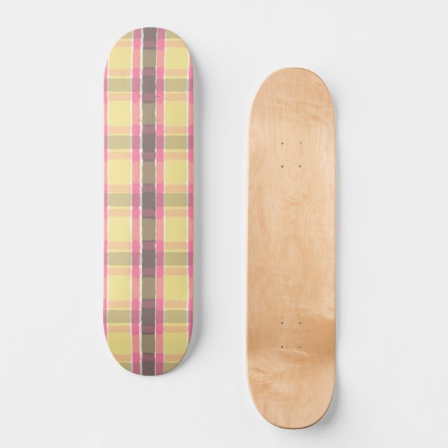 Popcorn Yellow Bubblegum Pink Coffee Brown Plaid  Skateboard (Front)